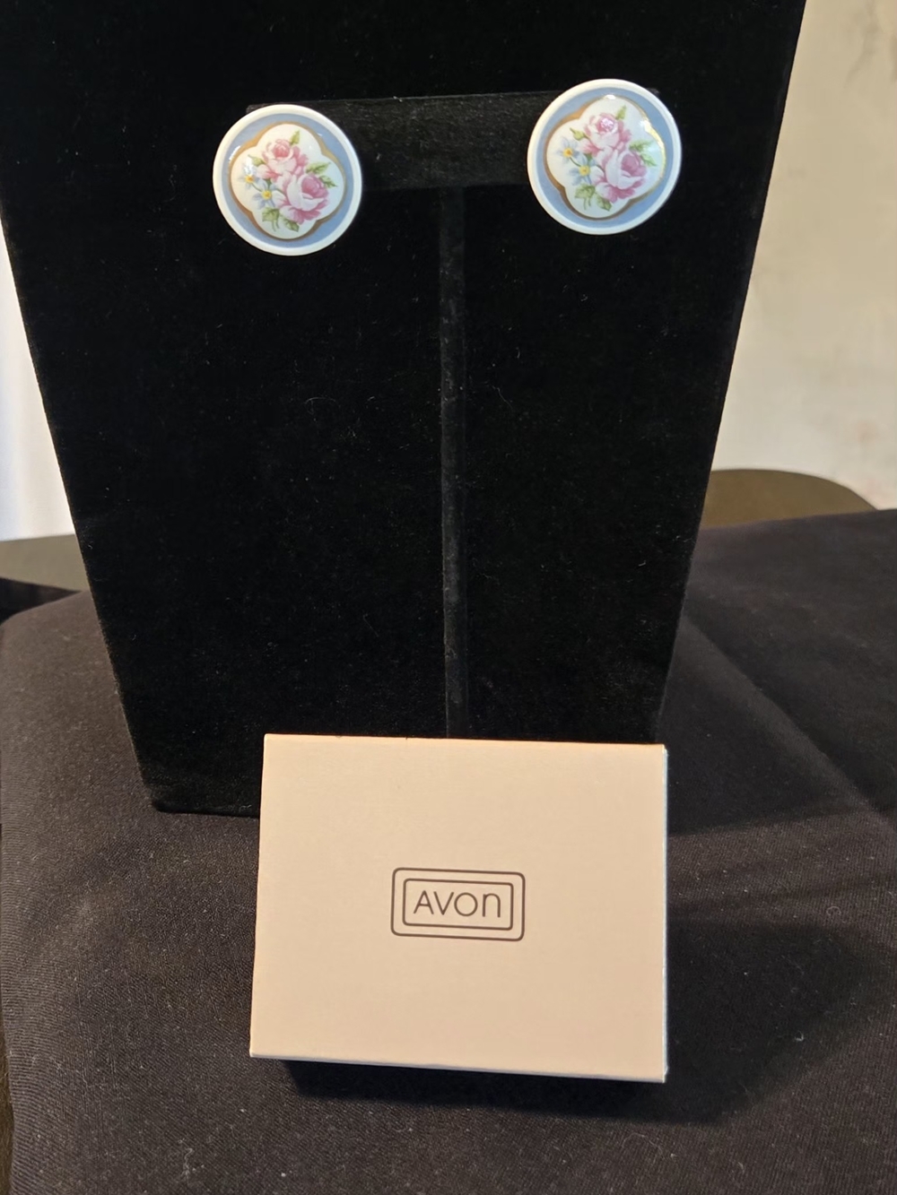 Avon Gold-Trim Porcelain Stud Earrings with Pink Rose Motif
